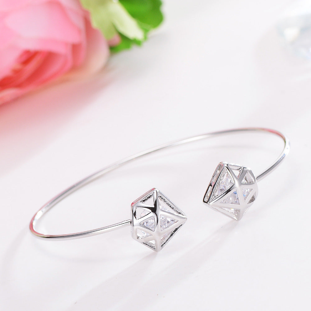 Geometric Silver Bangle With Rhinestones