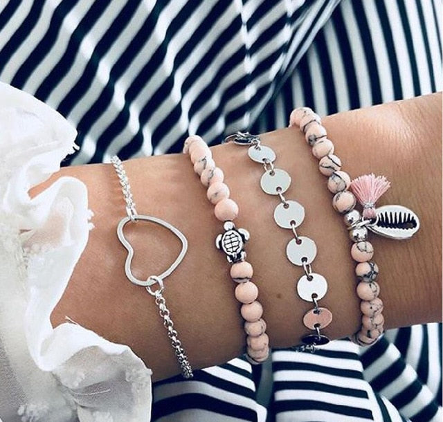 Pink Turtle Tassel Boho Bracelet Set