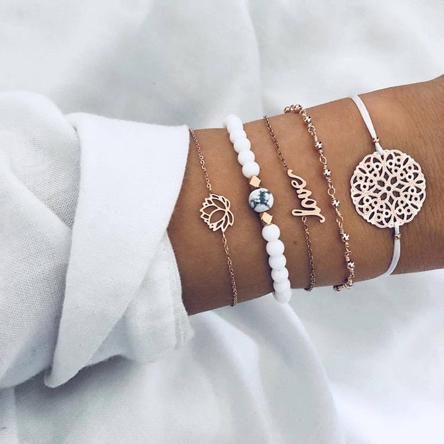 White Lotus Ornament Boho Bracelet