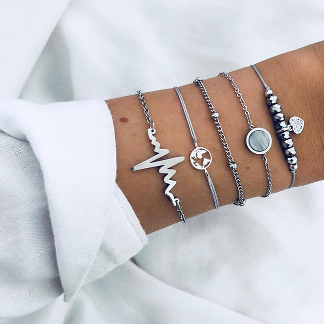 Silver Heartbeat Boho Bracelet Set