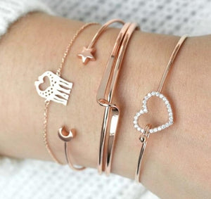 Rhinestone Heart Bangle Bracelet Set